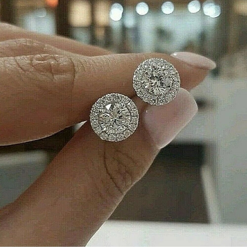 4 Ct Halo Round Cut VVS/D Lab Created Stud Earrings 14K White Gold Push Back 8mm